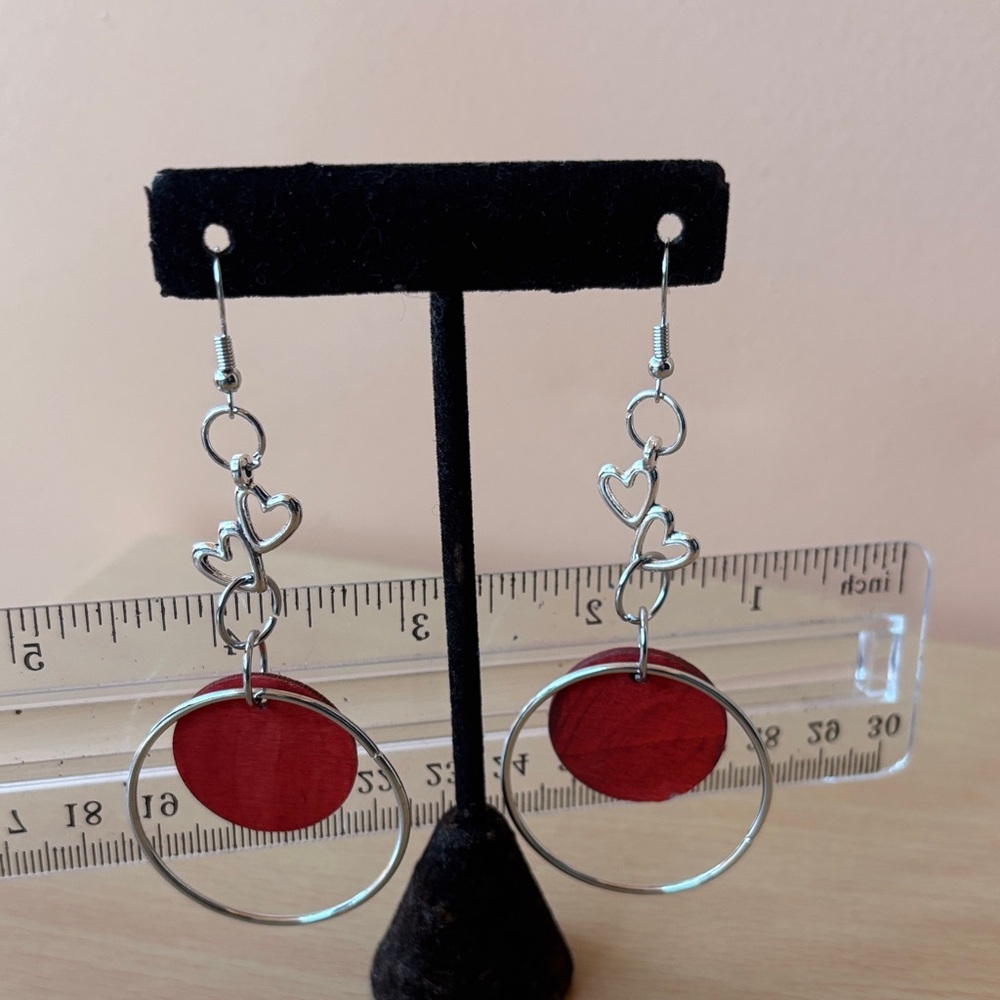 Hand Crafted Silver-Tone Hoop Earrings with Red Heart Links